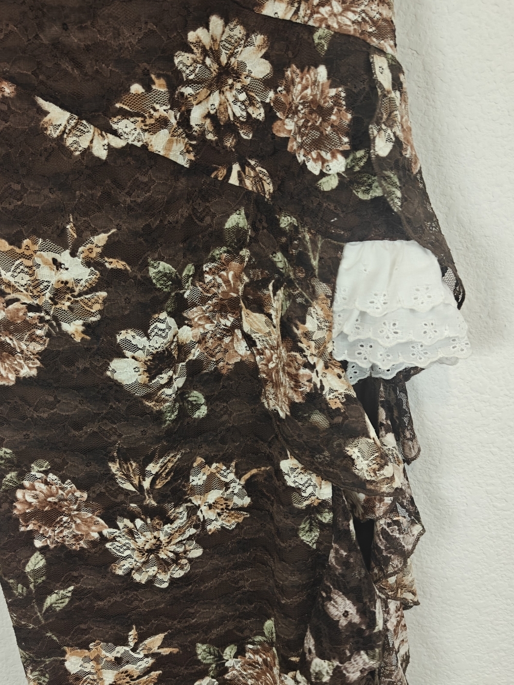 J for Justify Floral Lace Strapless Midi Dress Brown Romantic Ruffle Side Slit M - Picture 5 of 16